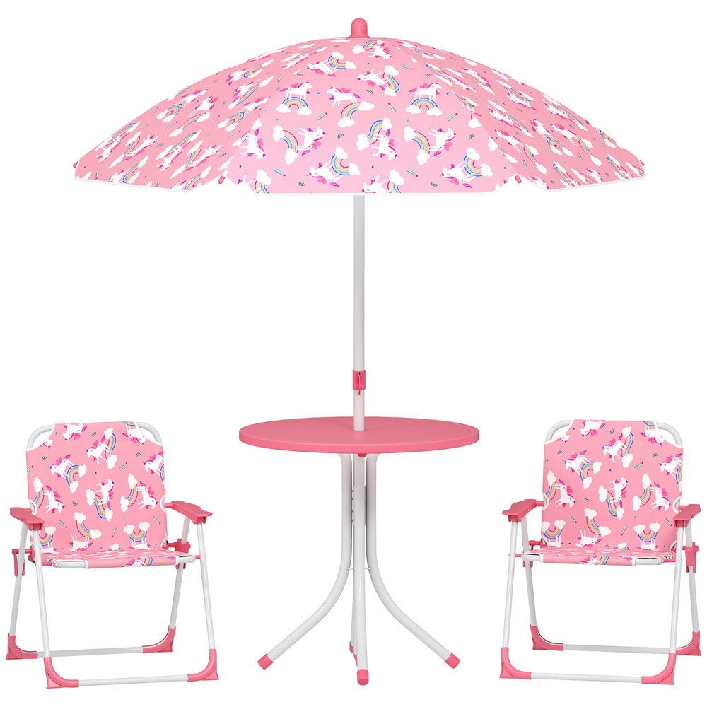 AIYAPLAY Kids Patio Table and Chair Set, Kids Garden Furniture with Umbrella, 4-Piece Bistro Set for Garden, Pink
