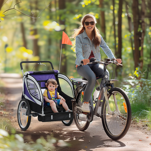 HOMCOM Baby Bike Trailer with 5 Point Harness, Steel Frame, Reflectors, Safety Flag, Hitch Coupler, Purple