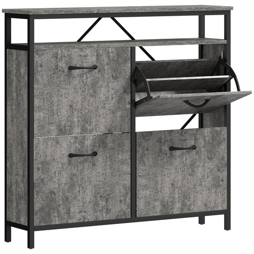 HOMCOM Shoe Storage Cabinet with 4 Flip Drawers and Open Shelf - Cement Grey