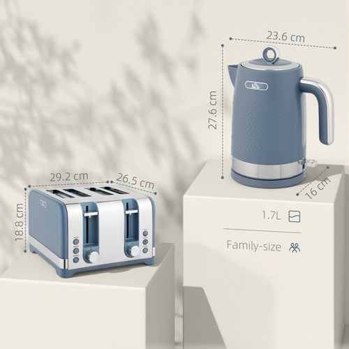 HOMCOM Sleek Textured Kettle and Four-Slice Toaster Set - Blue