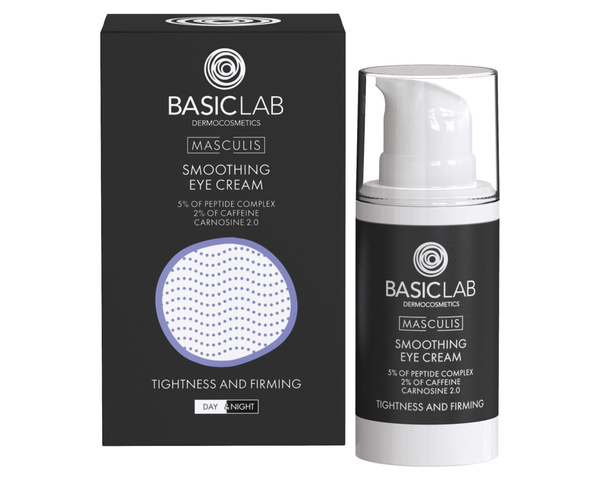 BasicLab Masculis Smoothing Eye Cream 5% Peptide Complex 2% Caffeine 2.0 Carnosine Tension and Firming for Men Day and Night 15ml