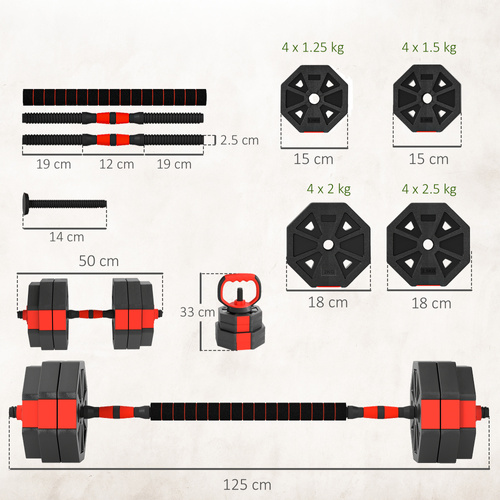 SPORTNOW 6-in-1 Adjustable Weight Dumbbells Set, Used as Kettlebell, Barbell, Dumbbell, Push-Up Stand, 30kg Free Weights Set for Men and Women Home Gym Training, Red