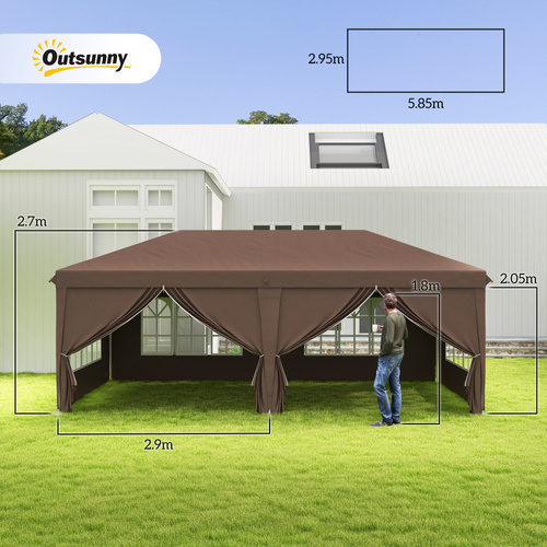 Outsunny 3 x 6 m Pop Up Gazebo with Sides and Windows, Height Adjustable Wedding Camping Party Tent Canopy Marquee with Storage Bag for Garden, Event, Brown