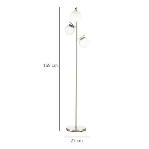 HOMCOM 3-Light Tree Floor Lamps for Living Room, Modern Standing Lamp for Bedroom with Globe Lampshade, Steel Base, Bulb not Included, Silver Tone