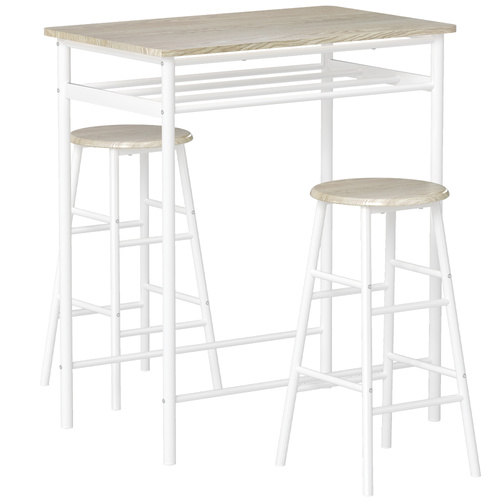 HOMCOM Bar Table Set, Bar Table and Stools Set, Footrest and Storage Shelf, for Kitchen, Dining Room, Pub, Cafe, White and Oak
