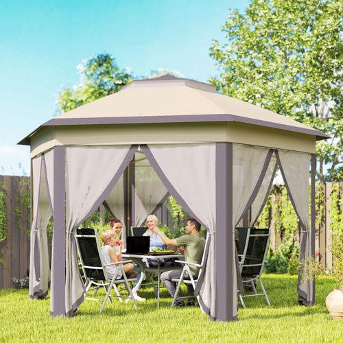 Outsunny 3 x 4m Garden Gazebo Hexagon Pop Up Gazebo Party Tent Canopy Double Roof Instant Shelter with Netting and Carry Bag for Outdoor Patio, Beige