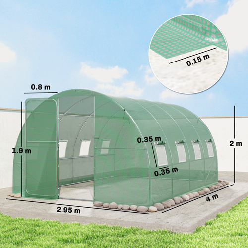 Outsunny 3 x 4 m Walk-in Polytunnel Greenhouse with Hinged Door and 8 Roll Up Mesh Windows, Garden Tunnel Warm House Tent, Green