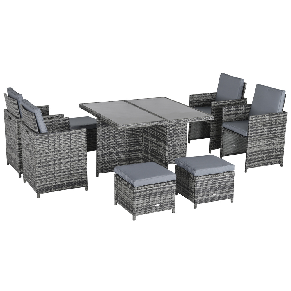Outsunny 8-Seater Rattan Dining Set Garden Furniture Cushion Seat Woven Rattan Grey
