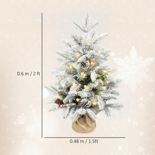 HOMCOM 60 cm Prelit Small Christmas Tree with 35 LED Lights, Snow Flocked Tabletop Mini Xmas Tree with Pine Cones, Berry Clusters and Linen Cover Base, Battery Operated, Green