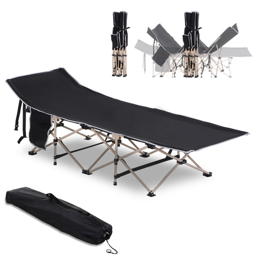 Outsunny Single Person Camping Bed Folding Cot Outdoor Patio Portable Military Sleeping Bed Travel Guest Leisure Fishing with Side Pocket and Carry Bag - Black