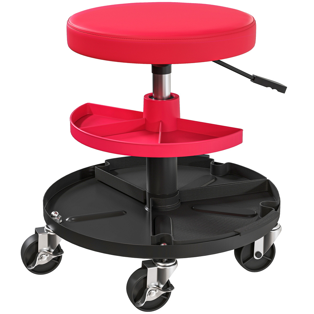 HOMCOM Rolling Mechanic Stool, 135kg Capacity Workshop Stool, 360° Swivel Roller Padded Creeper Seat with Wheels, Tool Trays Storage for Garage, Shop, Auto Repair, Red