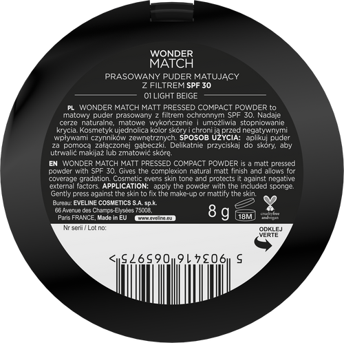 Eveline Wonder Match Matowy Puder Prasowany z Filtrem Ochronnym SPF30 Nr 01 Light Beige 8g