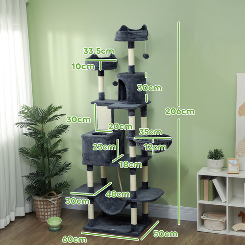 PawHut 206cm Cat Tree, Multi-Level Cat Tower with Scratching Posts and Board, Beds, Condos, Platforms, Toy Balls, Dark Grey