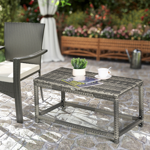 Outsunny Outdoor Coffee Table, Garden PE Rattan Side Table with Plastic Board Under the Full Woven Table Top and Rectangular Frame for Patio, Balcony, Mixed Grey