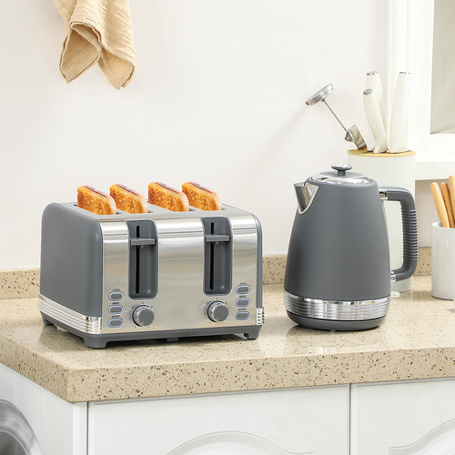 HOMCOM Stainless Steel Panel Kettle and Toaster Set - Grey