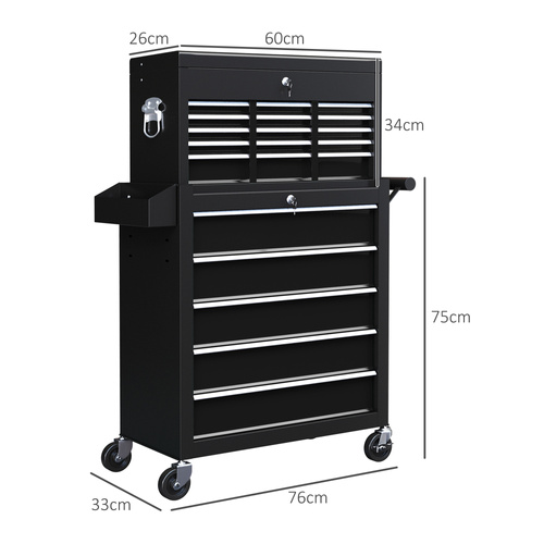 HOMCOM 14 Drawer, Two-Part Tool Storage Chest on Wheels - Black