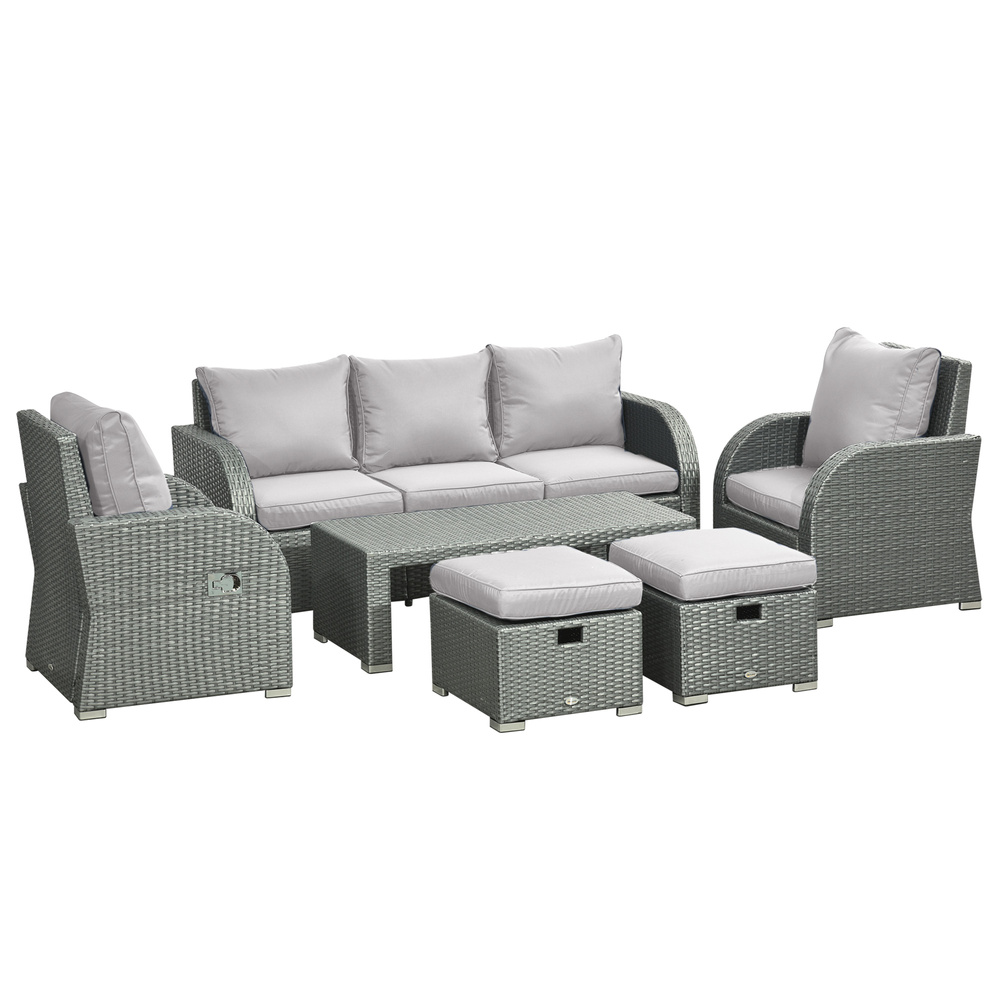 Outsunny Six-piece Outdoor Rattan Dining Set, Outdoor Sofa Set with Reclining Armchairs and Mental Frame, Grey