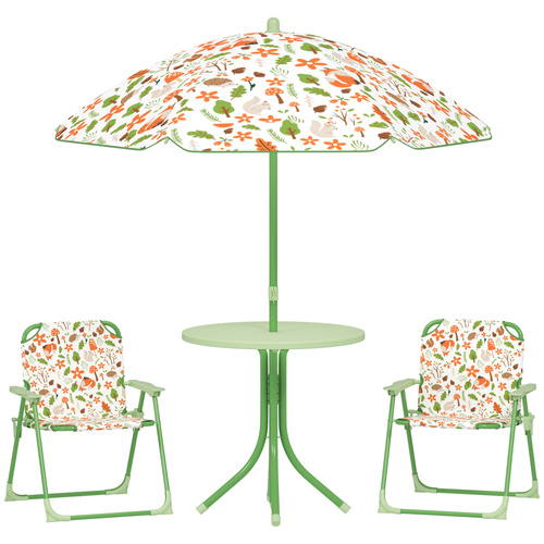 AIYAPLAY 4-Piece Kids Garden Table and Chair Set with Adjustable Parasol, Folding Chairs, Table, Nature Pattern, Green