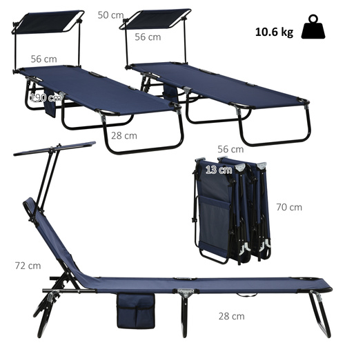 Outsunny Set of Two Folding Sun Loungers, with Adjustable Backs and Sun Canopies - Dark Blue