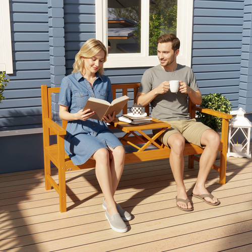 Outsunny Wooden Bench with Liftable Middle Table, Outdoor Bench, Patio Loveseat for Porch, Garden, Seats 2-3 People