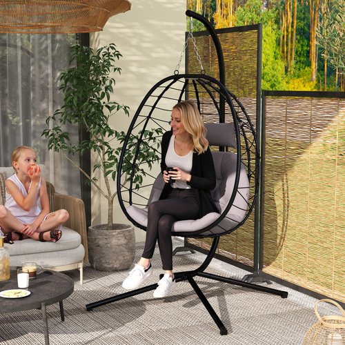 Outsunny Hanging Egg Chair Outdoor Indoor Garden Swing Chair with Folding Basket, Thickened Cushion, Garden Hanging Chair with Stand, Headrest for Patio, Balcony, Grey