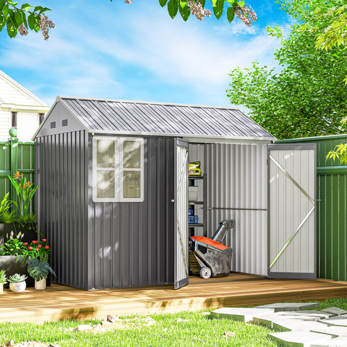 Outsunny 8 x 6 ft Galvanised Garden Shed, Outsoor Metal Storage Shed with Double Doors Window Air Vents, Grey
