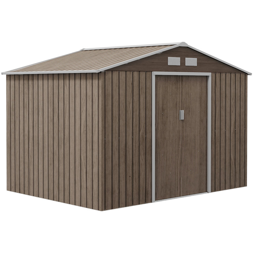 Outsunny 9 x 6ft Steel Garden Shed, Outdoor Storage Tool House with Vents, Foundation and Lockable Double Doors, Brown