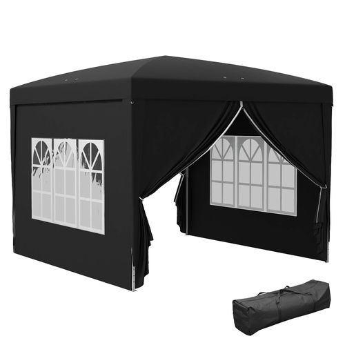 Outsunny 3 x 3 m Garden Pop Up Gazebo, Wedding Party Tent Marquee, Water Resistant Awning Canopy with Sidewalls, Windows, Carry Bag, Black