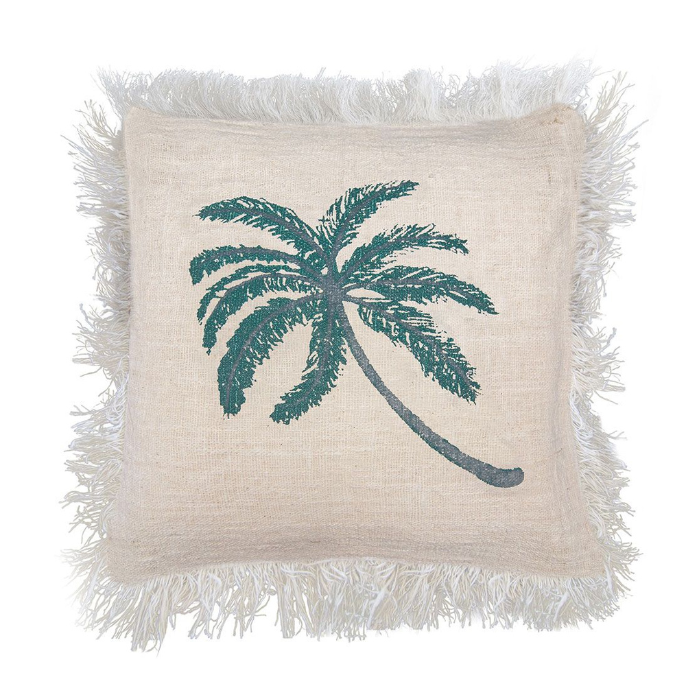 Linen Cushion Cover 45x45cm Palm Tree  with Fringe