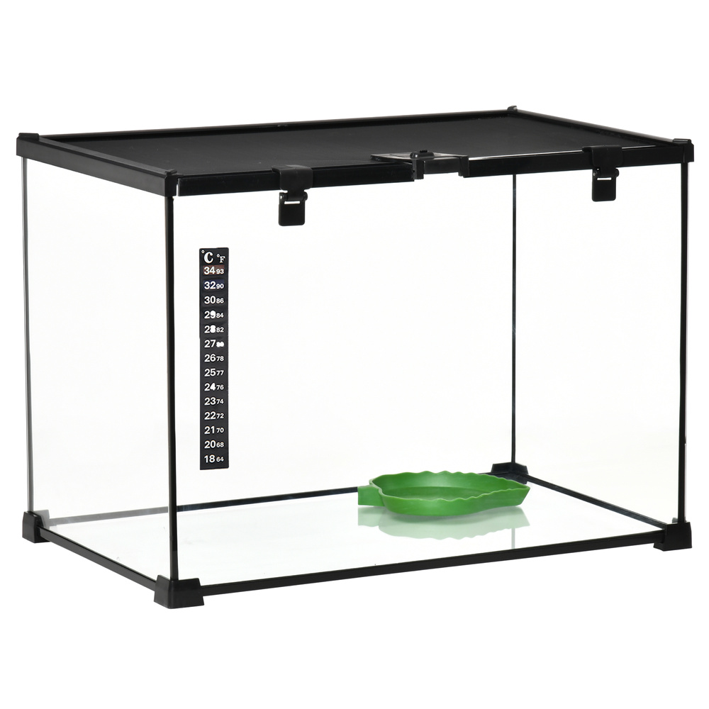 PawHut Glass Reptile Terrarium Insect Breeding Tank Vivarium Habitats with Thermometer for Lizards, Horned Frogs, Snakes, Spiders - Large 50 x 30 x 35cm