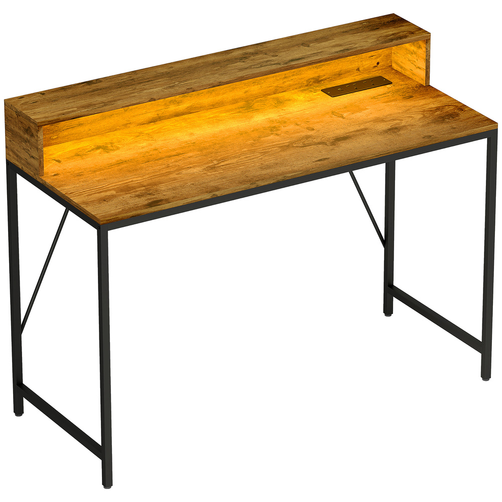 HOMCOM 120cm Computer Desk with LED Lights and Power Outlets, Gaming Desk with Monitor Stand, Computer Table with Remote for Home Office Study, Rustic Brown