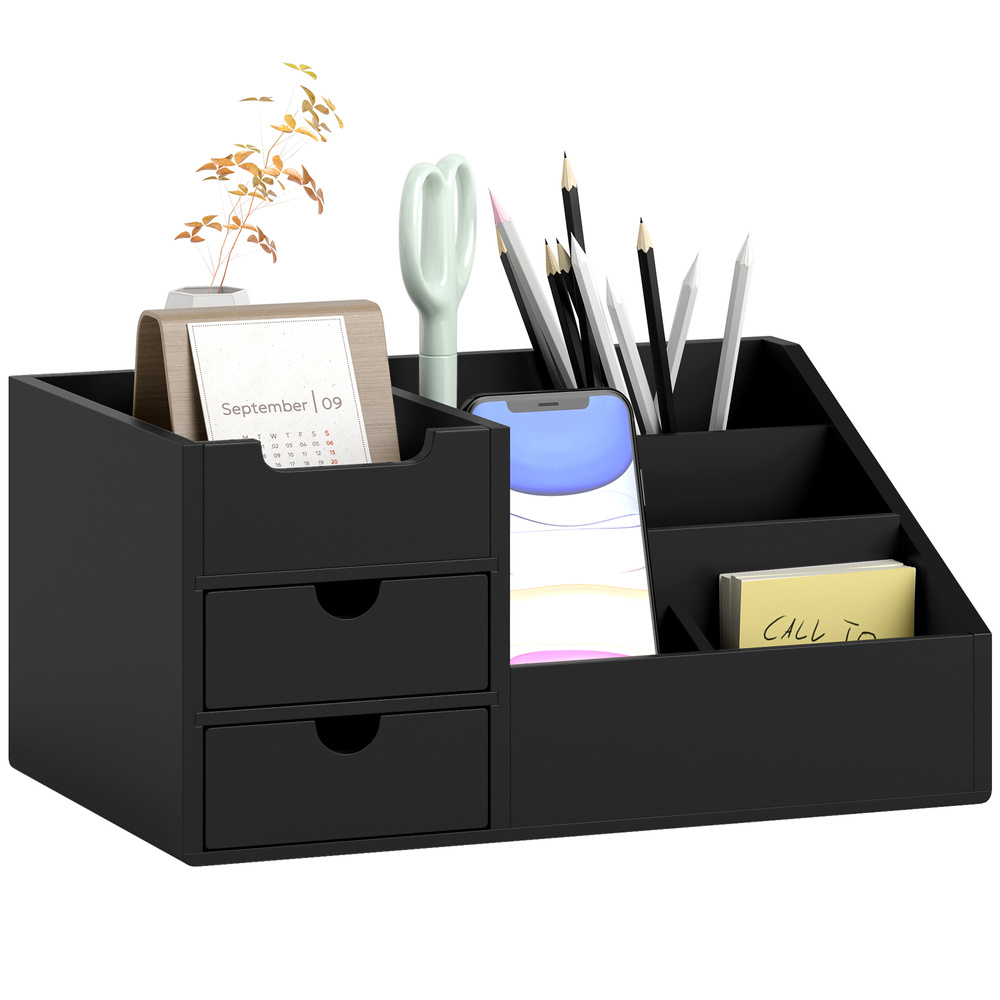 HOMCOM Desk Organiser Holder, Bamboo Multi-Function Storage Caddy with 7 Storage Compartments and 2 Drawers for Home Office Stationary Supplies, Black