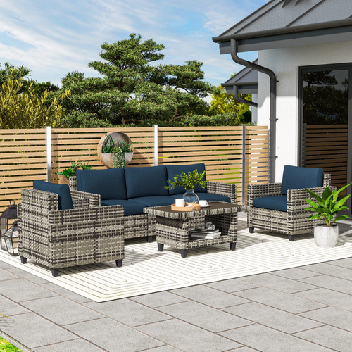 Outsunny Six-Piece Modular Rattan Sofa Set - Navy Blue