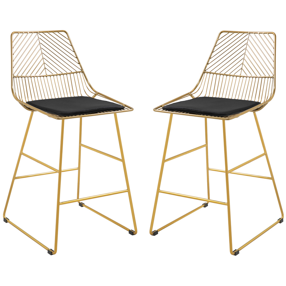 HOMCOM Set of 2 Bar Stools, Modern Counter Height Breakfast Bar Chairs with Wire Metal Frame for Kitchen, Dining Room, Gold