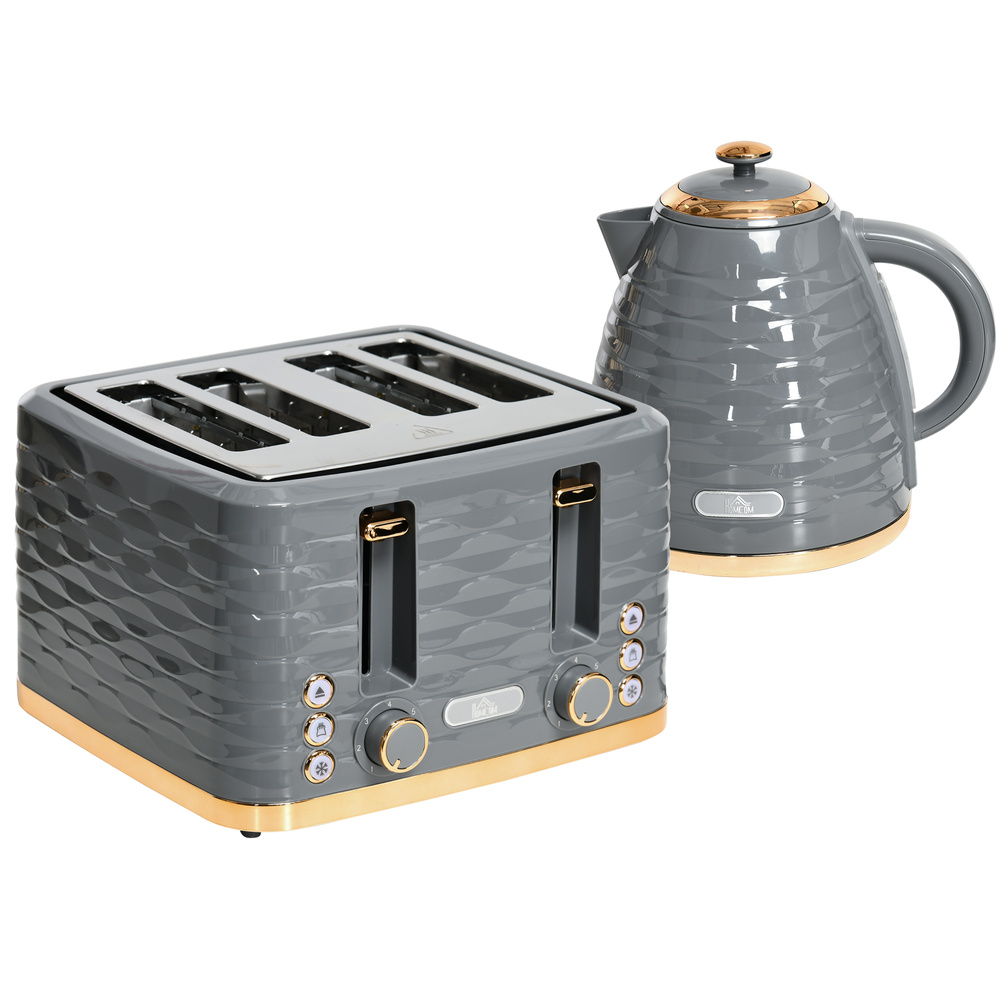 HOMCOM Kettle and Toaster Sets, 3000W 1.7L Rapid Boil Kettle & 4 Slice Toaster with 7 Browning Controls, Defrost, Reheat and Crumb Tray, UK Otter thermostat, Grey