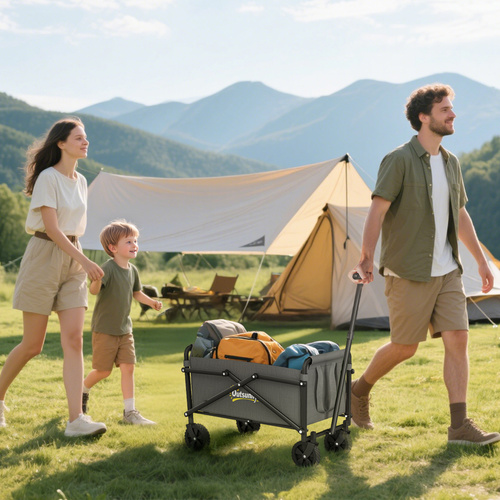 Outsunny 41L Festival Trolley on Wheels, Compact Garden Folding Trolley Cart, 60kg Heavy Duty Collapsible Foldable Wagon with Adjustable Handle and Carrying Bag for Beach, Camping, Festival, Grey