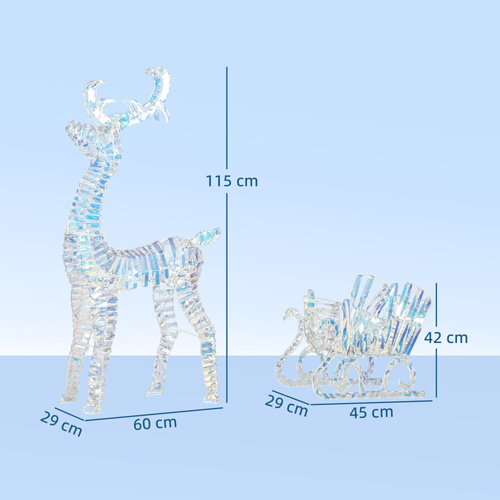 Outsunny Lighted Christmas Reindeer with Sleigh, Outdoor Yard Reindeer with 170 Warm White LED Lights, Holiday Decor with Stakes, Waterproof, Silver