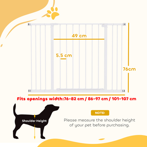 PawHut Dog Gate Pet Safety Gate Stair Barrier Pressure Mount Adjustable 76-82/86-97/101-107 cm, White
