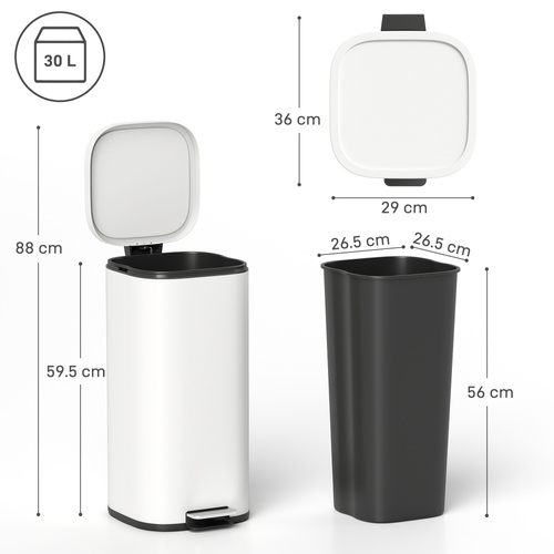 HOMCOM 30L Kitchen Bin, Compact Pedal Bin with Soft-Close and Stay-Open Lid, Removable Bucket for Kitchen, Home, Office, Cream