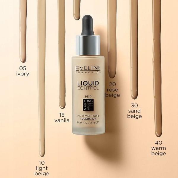 Eveline Liquid Control HD Lekki Podkład do Twarzy z Dropperem Doskonały Efekt Matowienia 016 Vanilla Beige 32ml