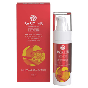 BasicLab Emulsyjne Serum z 0,3% Czystego Retinolu 3% Witaminą C Koenzymem Q10 Odnowa i Stymulacja  dla Skóry Problematycznej na Noc 30ml