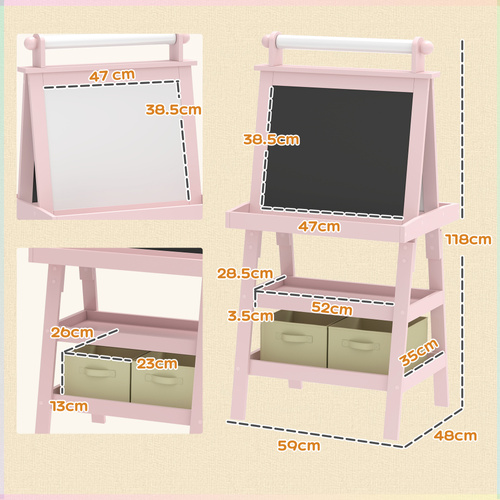 AIYAPLAY 3 in 1 Kids Easel Double-Sided Magnetic Whiteboard and Chalkboard with Paper Roll, Storage Baskets - Pink