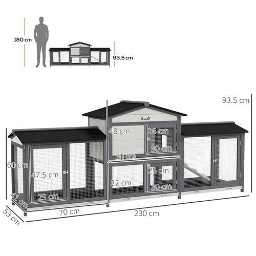 PawHut 2-Tier Large Rabbit Hutch Outdoor with Double Side Run Boxes, No-leak Plastic Tray, Ramp, 230 x 53 x 93.5cm, Light Grey