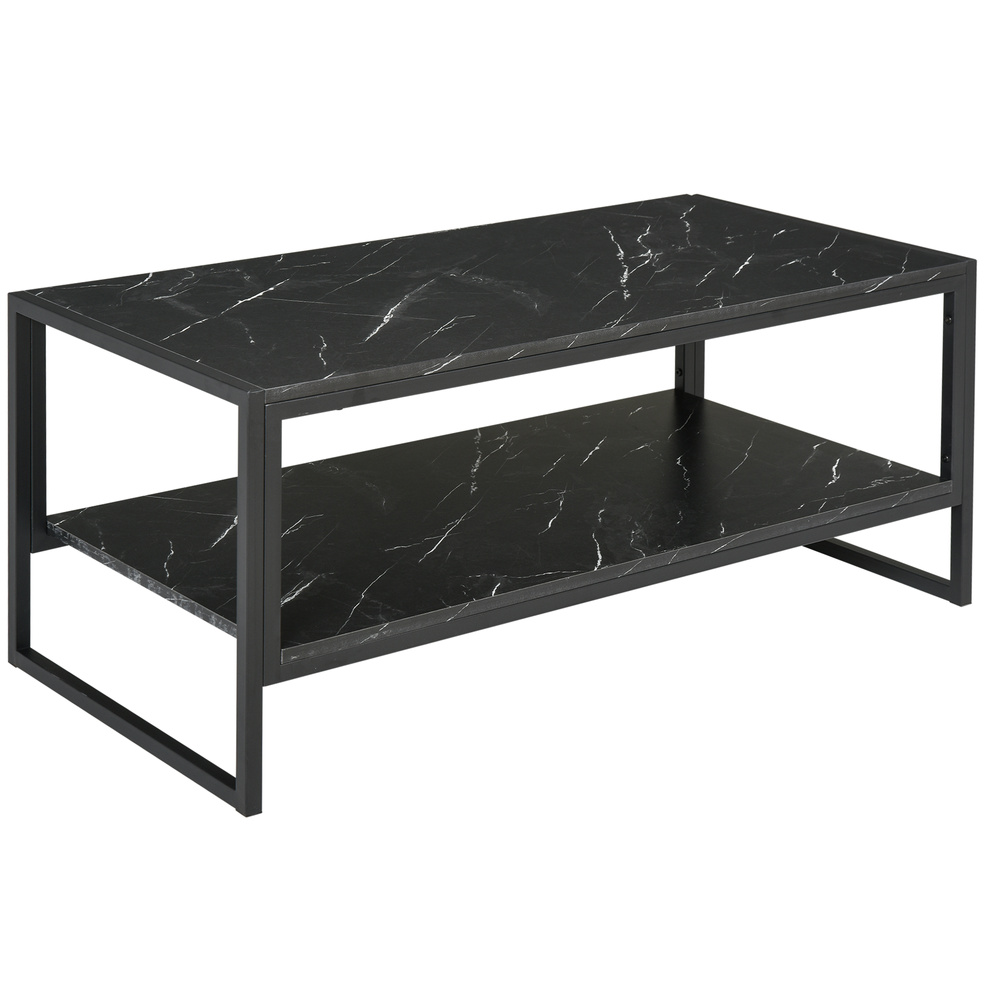 HOMCOM Coffee Table, Two-Tier Faux Marble Effect Centre Table with Metal Frame and Storage Shelf for Living Room, 106 x 50 x 45cm, Black