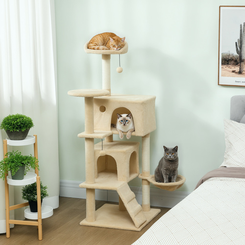 PawHut 140cm Large Cat Tree Tower with Sisal Scratching Posts, Plush Perches, Hammock, Beige