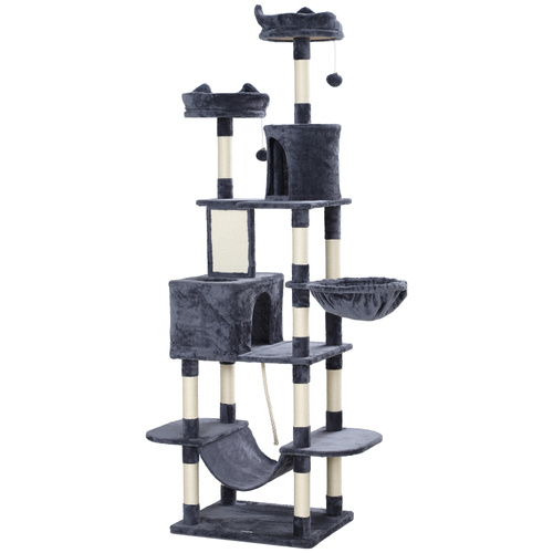 PawHut 206cm Cat Tree, Multi-Level Cat Tower with Scratching Posts and Board, Beds, Condos, Platforms, Toy Balls, Dark Grey