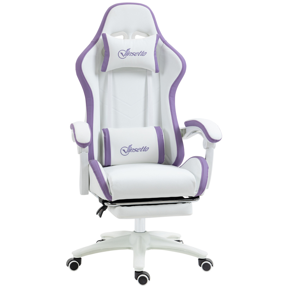 Vinsetto Computer Gaming Chair, PU Leather Office Desk Chair with Footrest, Swivel Wheels, 135° Reclining Back, Lumbar Support, Headrest for Home, White and Purple