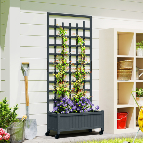 Outsunny Wooden Trellis Planter, Raised Garden Bed with Wheels, to Climb and Grow Vegetables, Herbs and Flowers, Grey