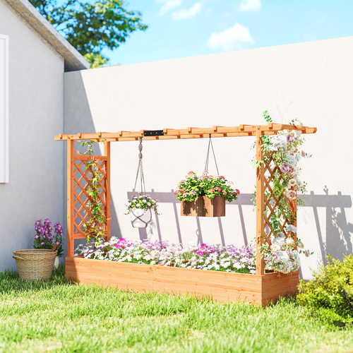 Outsunny Raised Planter with Trellis, Wooden Raised Bed for Garden with Hanging Roof and Drainage Holes, Outdoor Planter Box