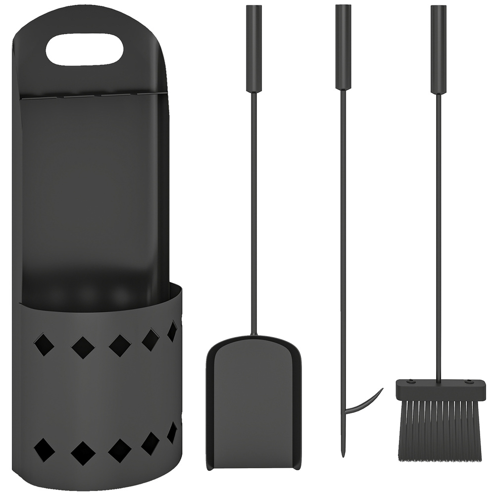 Outsunny 4 Pieces Fireplace Companion Set, Metal Fireplace Accessories Fireside Companion Set with Broom, Shovel, Poker, Bucket, Black